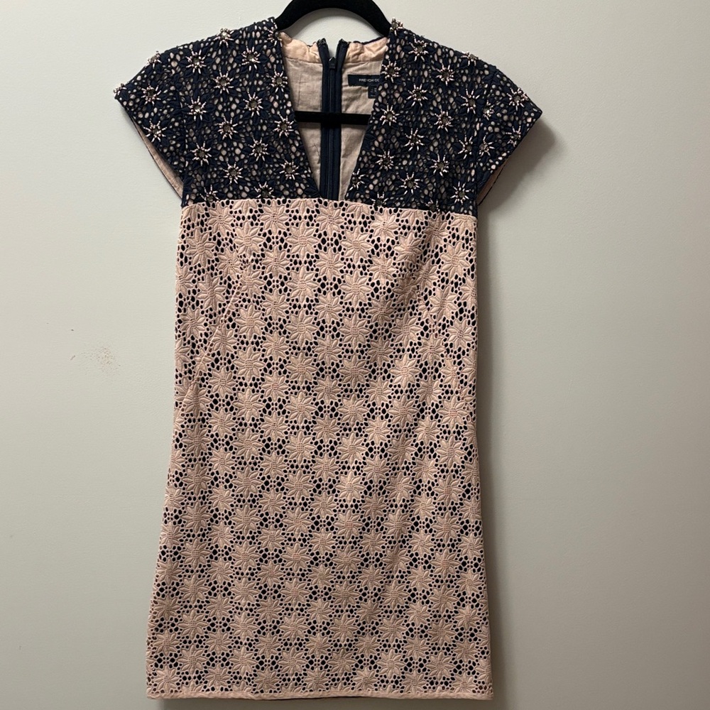 French Connection Beaded Navy and Pink Lace Mini Dress